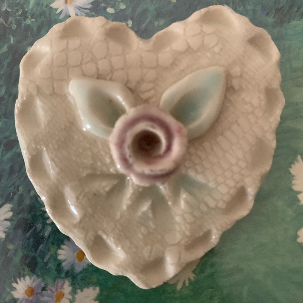 Porcelain Heart Brooch with Pink Rose Accent